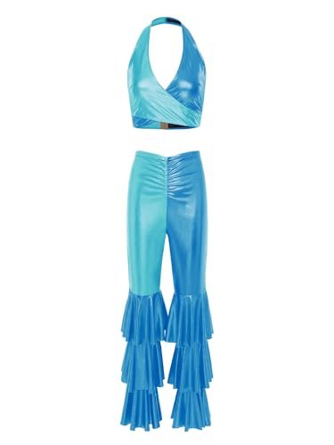 Fldy Damen 70er Jahre Disco Outfit Glitzer Crop Tank Top Metallic Schlaghose Set Karnevalskostüme Party Clubwear Blau XL von Fldy