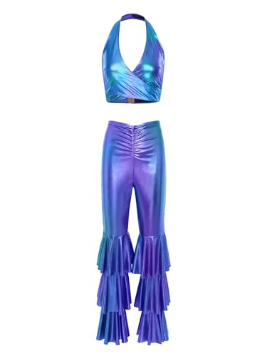 Fldy Damen 70er Jahre Disco Outfit Glitzer Crop Tank Top Metallic Schlaghose Set Karnevalskostüme Party Clubwear Farbverlauf-Blau XXL Fldy Damen 70er Jahre Disco Outfit Glitzer Crop Tank Top Metallic Schlaghose Set Karnevalskostüme Party Clubwear Farbverlauf-Blau XXL von Fldy