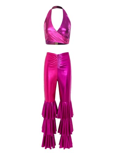Fldy Damen 70er Jahre Disco Outfit Glitzer Crop Tank Top Metallic Schlaghose Set Karnevalskostüme Party Clubwear Hotpink XL von Fldy