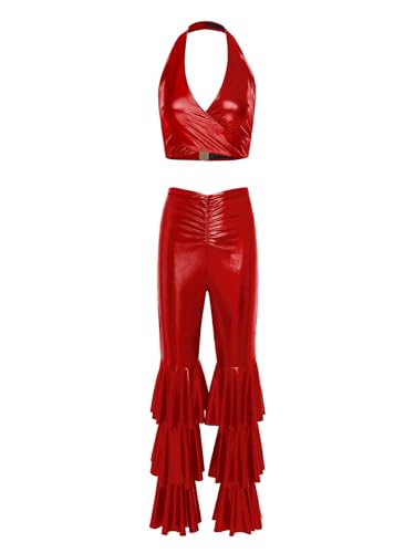 Fldy Damen 70er Jahre Disco Outfit Glitzer Crop Tank Top Metallic Schlaghose Set Karnevalskostüme Party Clubwear Rot XL Fldy Damen 70er Jahre Disco Outfit Glitzer Crop Tank Top Metallic Schlaghose Set Karnevalskostüme Party Clubwear Rot XL von Fldy