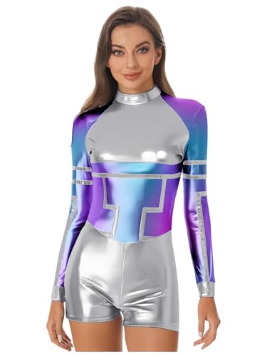 Fldy Damen Alien Kostüm Body Silber Metallic Astronauten Overall Kurz Halloween Karneval Roboter Cosplay Bodysuit Silber L von Fldy