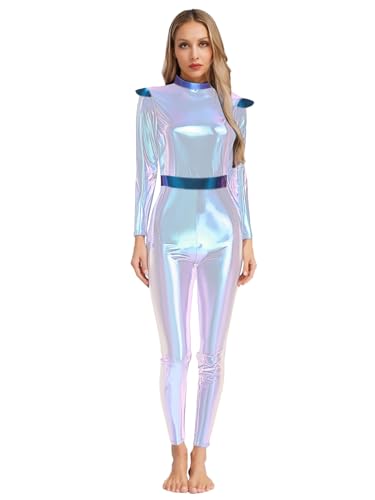 Fldy Damen Alien Kostüm Space Body Astronaut Overall Metallic Ganzkörperanzug Cosplay Für Halloween Faschnacht Party Glänzend-Silber 3XL von Fldy