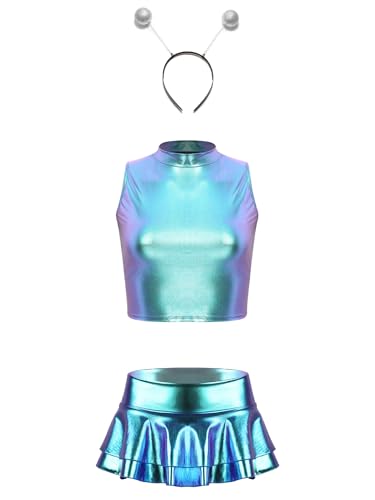 Fldy Damen Alien Kostüm Space Weltraum Alien Haarreif Metallic Glitzer Outfits Metallischer Mini Faltenrock Top Set Für Karneval Halloween Mottoparty Blau M von Fldy