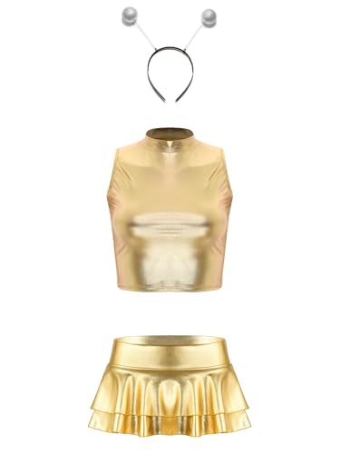 Fldy Damen Alien Kostüm Space Weltraum Alien Haarreif Metallic Glitzer Outfits Metallischer Mini Faltenrock Top Set Für Karneval Halloween Mottoparty Gold XXL von Fldy