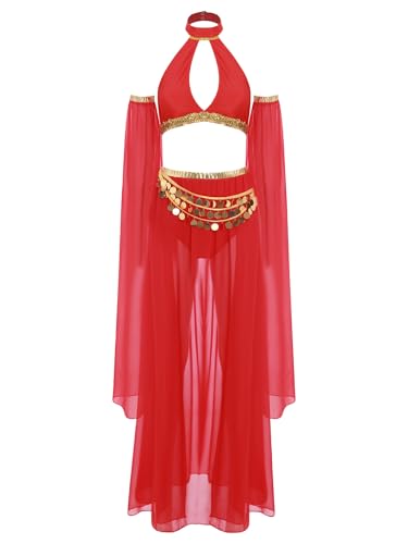 Fldy Damen Bauchtanz Kostüm Set Mit Pailletten Münze Quasten Top Und Rock Tribal Belly Dance Outfit Für Karneval Faschnacht Festival Party Rot M von Fldy