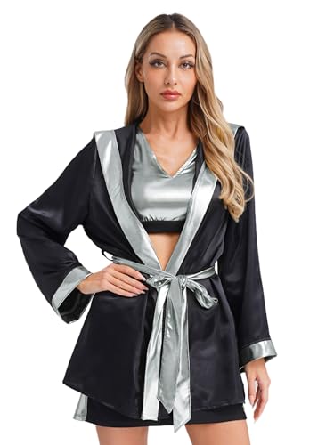 Fldy Damen Boxer Kostüm Boxermantel Robe Sport BH Minirock 3er Set Sportler Fasching Kostüm Wettkämpfe Schwarz & Silber XXL Fldy Damen Boxer Kostüm Boxermantel Robe Sport BH Minirock 3er Set Sportler Fasching Kostüm Wettkämpfe Schwarz & Silber XXL von Fldy