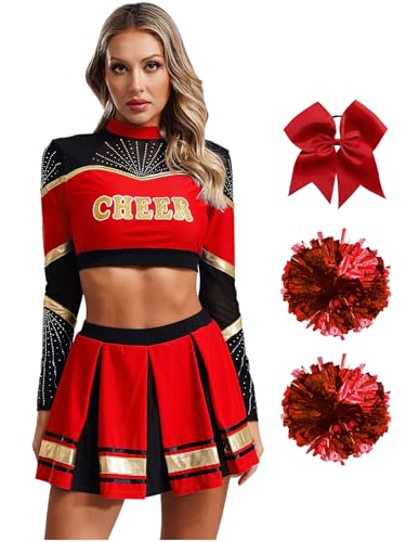 Fldy Damen Cheer Leader Kostüm Langarm Cheerleading Uniform Mit Pompoms Crop Top Und Minirock Hararband High School Halloween Karneval Kostüm Rot M Fldy Damen Cheer Leader Kostüm Langarm Cheerleading Uniform Mit Pompoms Crop Top Und Minirock Hararband High School Halloween Karneval Kostüm Rot M von Fldy