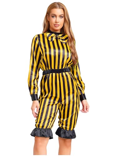 Fldy Damen Clownkostüm Zirkus Clownfrau Cosplay Langarm Streifen Jumpsuit Kurz Fasching Halloween Kostüm Mottoparty Outfit Gelb&Schwarz XXL Fldy Damen Clownkostüm Zirkus Clownfrau Cosplay Langarm Streifen Jumpsuit Kurz Fasching Halloween Kostüm Mottoparty Outfit Gelb&Schwarz XXL von Fldy