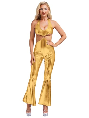 Fldy Damen Disco Kostüm Glitzer 60er 70er Jahre Disco Kleidung Neckholder Metallic Overall Rückenfrei Retro Party Halloween Faschingskostüme Gold XXL Fldy Damen Disco Kostüm Glitzer 60er 70er Jahre Disco Kleidung Neckholder Metallic Overall Rückenfrei Retro Party Halloween Faschingskostüme Gold XXL von Fldy