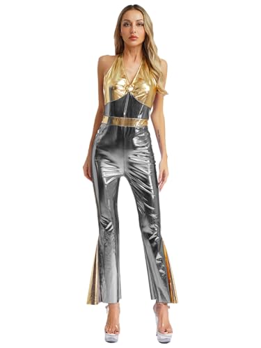 Fldy Damen Disco Outfit 70er 80e Jahre Glitzernd Metallic Ausgestellter Overall Neckholder Jumpsuit Party Karneval Kostüm Grau M von Fldy