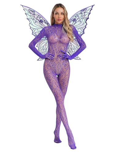 Fldy Damen Feen Kostüm Set Glitzer Fee Schmetterling Flügel Fischnetz Bodystocking Faschingskostüme Zahnfee Nymphe Cosplay Party Outfit Violett Einheitsgröße von Fldy