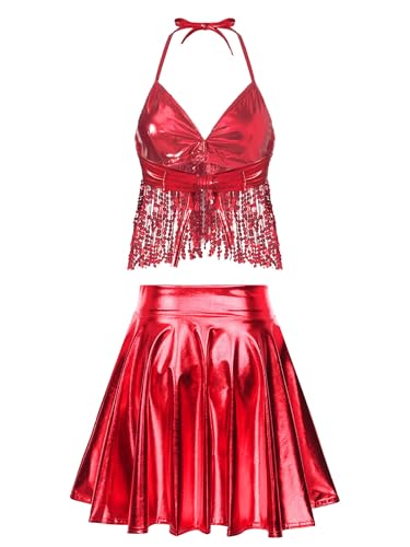Fldy Damen Festival Outfit Rave Party Glitzer Pailletten Quasten BH Top Metallic Holografischer Rock Set Fashing Tanz Clubwear Rot S Fldy Damen Festival Outfit Rave Party Glitzer Pailletten Quasten BH Top Metallic Holografischer Rock Set Fashing Tanz Clubwear Rot S von Fldy
