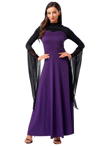 Fldy Damen Hexenkleider Mittelalter Böse Königin Vampir Kostüm Maxikleid Mit Schlag Ärmeln Karneval Halloween Party Violett XXL von Fldy