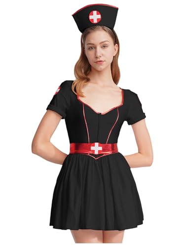 Fldy Damen Kostüm Krankenschwester Kleid Und Hut-Stirnband Halloween Karneval Kostüm OP Schwester Arzthelferin Uniform Cosplay Set Schwarz S Fldy Damen Kostüm Krankenschwester Kleid Und Hut-Stirnband Halloween Karneval Kostüm OP Schwester Arzthelferin Uniform Cosplay Set Schwarz S von Fldy