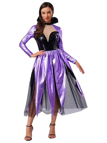 Fldy Damen Kostüm Meerhexe Böse Meerjungfrau Kleid Halloween Faschingskostüme Glitzer Metallic Partykleid Lavendel XXL von Fldy