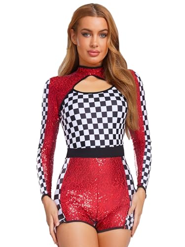 Fldy Damen Kostüm Rennfahrer Overall Halloween Karneval Kostüm Motorrad Racegirl Rollenspiel Karierter Pailletten Body von Fldy