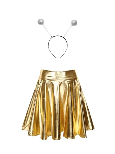Fldy Damen Kostüm Space Girl Alien Haarreif Glänzend Metallic Skater Rock Set Weltall Kostüm Karneval Fasching Mottoparty Outfits Gold L von Fldy