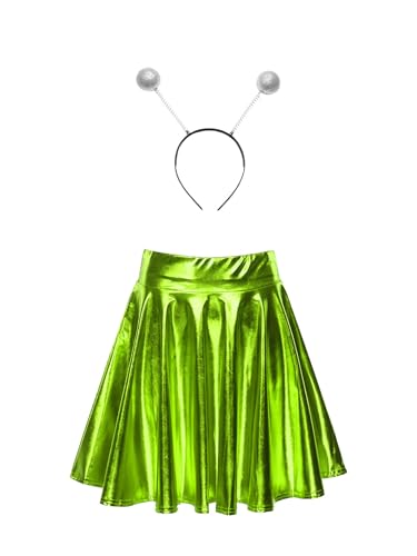 Fldy Damen Kostüm Space Girl Alien Haarreif Glänzend Metallic Skater Rock Set Weltall Kostüm Karneval Fasching Mottoparty Outfits Grün S von Fldy