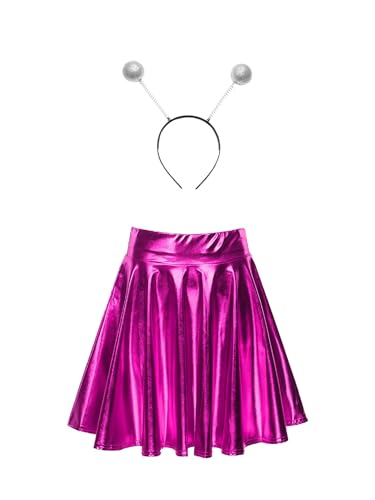 Fldy Damen Kostüm Space Girl Alien Haarreif Glänzend Metallic Skater Rock Set Weltall Kostüm Karneval Fasching Mottoparty Outfits Hotpink L von Fldy