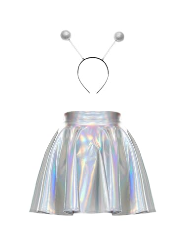 Fldy Damen Kostüm Space Girl Alien Haarreif Glänzend Metallic Skater Rock Set Weltall Kostüm Karneval Fasching Mottoparty Outfits Lase-Silber L von Fldy