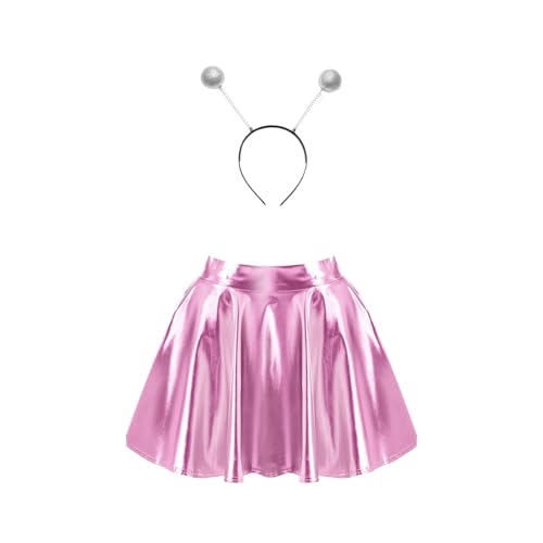 Fldy Damen Kostüm Space Girl Alien Haarreif Glänzend Metallic Skater Rock Set Weltall Kostüm Karneval Fasching Mottoparty Outfits Rosa M von Fldy