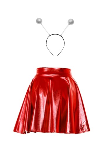 Fldy Damen Kostüm Space Girl Alien Haarreif Glänzend Metallic Skater Rock Set Weltall Kostüm Karneval Fasching Mottoparty Outfits Rot XL von Fldy