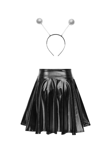 Fldy Damen Kostüm Space Girl Alien Haarreif Glänzend Metallic Skater Rock Set Weltall Kostüm Karneval Fasching Mottoparty Outfits Schwarz M von Fldy