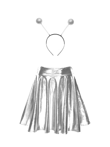 Fldy Damen Kostüm Space Girl Alien Haarreif Glänzend Metallic Skater Rock Set Weltall Kostüm Karneval Fasching Mottoparty Outfits Silber M von Fldy