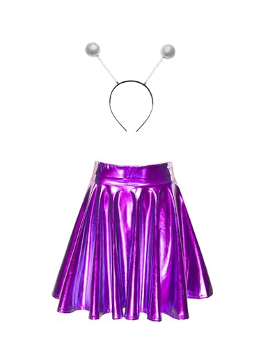 Fldy Damen Kostüm Space Girl Alien Haarreif Glänzend Metallic Skater Rock Set Weltall Kostüm Karneval Fasching Mottoparty Outfits Violett XL von Fldy