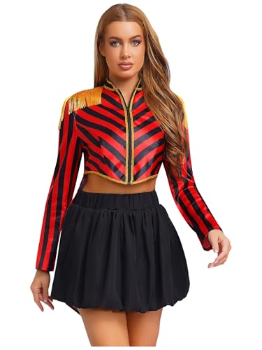 Fldy Damen Kostüm Zirkus Zirkusdirektor Jacke Streifen Frack Mit Quasten Epaulette Halloween Karneval Kostüm Ringmaster Uniform Rot&Schwarz S Fldy Damen Kostüm Zirkus Zirkusdirektor Jacke Streifen Frack Mit Quasten Epaulette Halloween Karneval Kostüm Ringmaster Uniform Rot&Schwarz S von Fldy
