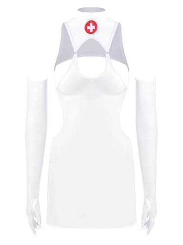 Fldy Damen Krankenschwester Kostüm Karneval Fasching Nurse Cosplay Transparent Minikleid Bodycoun Und Handschuhe Set Weiß Einheitsgröße von Fldy