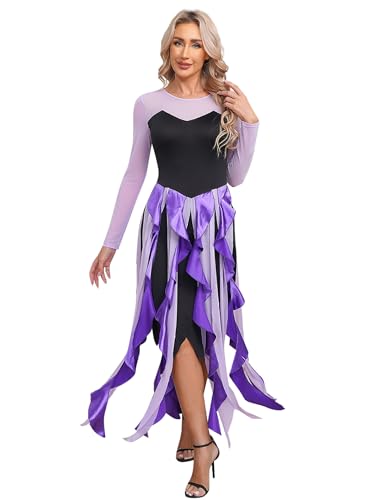 Fldy Damen Meerhexe Meerjungfrau Kostüm Kleid Böse Hexenkleid Mesh Patchwork Maxikleid Halloween Kostüm Karneval Partykleid Violett XXL von Fldy