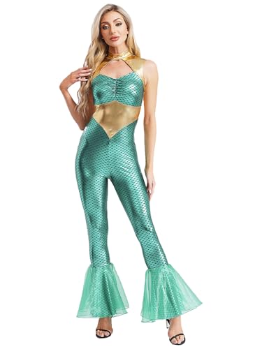 Fldy Damen Meerjungfrauenkostüm Body Metallic Fischschuppen Druck Jumpsuit Mit Geüschte Schlag Fasching Halloween Kostüm Mintgrün M von Fldy