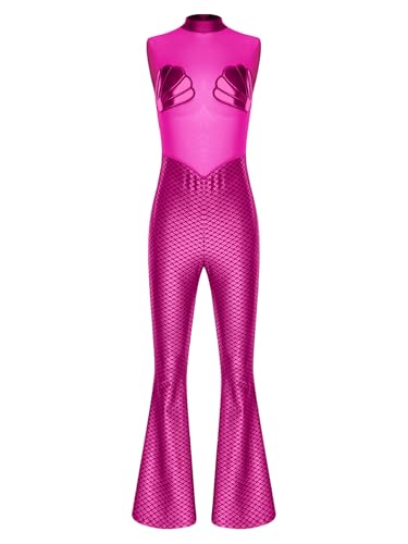 Fldy Damen Meerjungfrauenkostüm Body Metallic Fischschuppen Mesh Druck Jumpsuit Mit Schlag Fasching Halloween Bühnenkostüm Pink S von Fldy