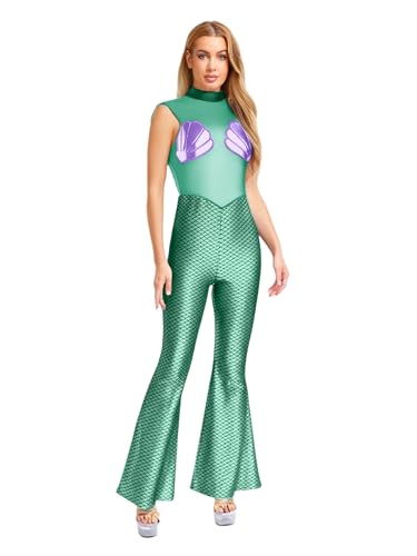 Fldy Damen Meerjungfrauenkostüm Body Metallic Fischschuppen Mesh Druck Jumpsuit Mit Schlag Fasching Halloween Bühnenkostüm Türkis XL von Fldy