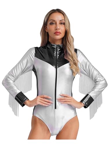 Fldy Damen Metallic Bodysuit Mit Quasten Space Girl Kostüm Astronautenanzug Halloween Karneval Glänzend Tanzbody Disco Party Clubwear Schwarz XXL von Fldy