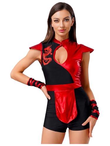 Fldy Damen Ninja Kostüm Kämpfer Uniform Glitzer Bodysuir Set Halloween Karnevalskostüme Faschnacht Mottoparty Outfit Rot S von Fldy