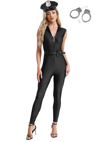 Fldy Damen Polizistin Kostüm Langer Overall Polizei Kostüm Accessoires 4 Teiler Set Halloween Fasching Kostüm Cosplay Party Clubwear Schwarz XXL von Fldy