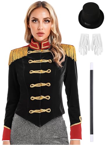 Fldy Damen Zirkus Kostüm Zirkusdirektor Jacke Hut Handschuhe Und Zauberstab Set Frauen Halloween Karneval Kostüm Schwarz XXL Fldy Damen Zirkus Kostüm Zirkusdirektor Jacke Hut Handschuhe Und Zauberstab Set Frauen Halloween Karneval Kostüm Schwarz XXL von Fldy