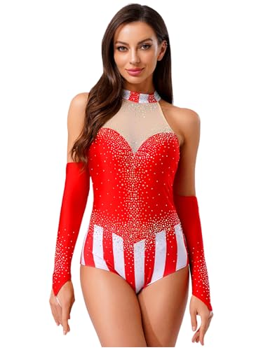 Fldy Damen Zirkus Kostüm Zirkusdirektor Uniform Halloween Fasching Tanzkostüm Strass Farbblock Body Handschuhe Set Rot XXL Fldy Damen Zirkus Kostüm Zirkusdirektor Uniform Halloween Fasching Tanzkostüm Strass Farbblock Body Handschuhe Set Rot XXL von Fldy