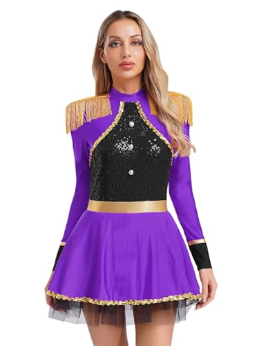 Fldy Damen Zirkus Zirkusdirektor Kostüm Kleid Pailletten Tanzkleid mit Fransen Epauletten Halloween Karneval Kostüm Lila L von Fldy