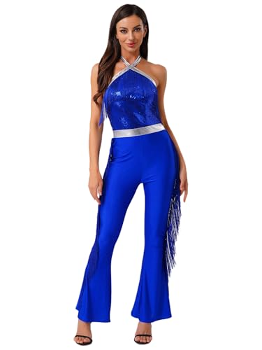 Fldy Frauen 70er Jahre Disco Outfit Neckholder Metallic Pailletten Jumpsuit Mit Fransen Party Tanz Karneval Kostüm Königsblau M Fldy Frauen 70er Jahre Disco Outfit Neckholder Metallic Pailletten Jumpsuit Mit Fransen Party Tanz Karneval Kostüm Königsblau M von Fldy