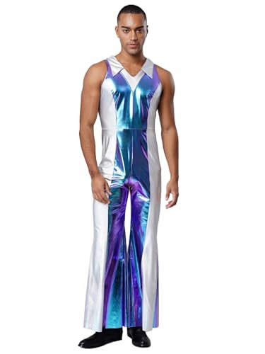 Fldy Herren 70er 80er Jahre Disco Outfit Glitzer Metallic Farbblock Jumpsuit Mit Schlag Hippie Kleidung Fasching Party Clubwear B_Blau M Fldy Herren 70er 80er Jahre Disco Outfit Glitzer Metallic Farbblock Jumpsuit Mit Schlag Hippie Kleidung Fasching Party Clubwear B_Blau M von Fldy