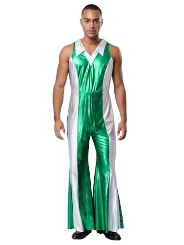 Fldy Herren 70er 80er Jahre Disco Outfit Glitzer Metallic Farbblock Jumpsuit Mit Schlag Hippie Kleidung Fasching Party Clubwear B_Grün XXL Fldy Herren 70er 80er Jahre Disco Outfit Glitzer Metallic Farbblock Jumpsuit Mit Schlag Hippie Kleidung Fasching Party Clubwear B_Grün XXL von Fldy