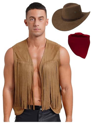 Fldy Herren Cowboy Set Weste Hut Und Bandana Hippie Kleidung Wildleder Fransen Weste Lederhut Sheriff Rodeo Ranger Cosplay Faschingskostüm Braun XXL Fldy Herren Cowboy Set Weste Hut Und Bandana Hippie Kleidung Wildleder Fransen Weste Lederhut Sheriff Rodeo Ranger Cosplay Faschingskostüm Braun XXL von Fldy