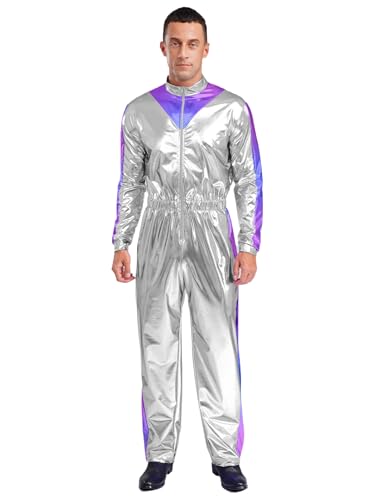 Fldy Herren Damen Astronaut Kostüm Weltraum Metallic Jumpsuit Halloween Karneval Kostüm Space Party Cosplay Kleidung Silber 3XL von Fldy