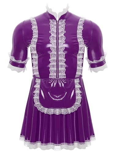 Fldy Herren Dienstmädchen Kostüm Kleid Wetlook Lackleder Sissy Maid Dress Männer Junggesellenabschied Kostüm Party Clubwear Violett 4XL von Fldy