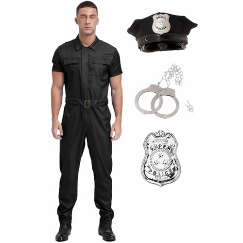 Fldy Herren Kostüm Polizei Uniform Polizist Hut Zubehör Jumpsuit 4er Set FBI Agent Cosplay Outfit Karneval Party Faschingskostüm Schwarz XXL von Fldy