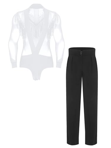 Fldy Herren Latein Tanz Outfit Kostüme Tiefer V-ausschnitt Pailletten Quasten Netzhemd Und Hose Jazz Moderne Dancewear Weiß M von Fldy