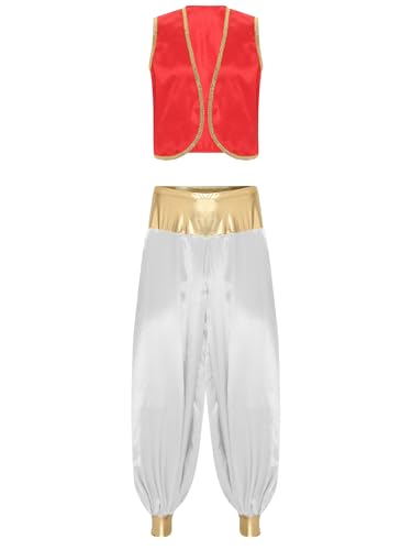 Fldy Herren Orient Arabischer Prinz Kostüm Weste Hose Set Männer Fasching Halloween Kostüm Mottoparty Outfit Burgund&Weiß 3XL von Fldy